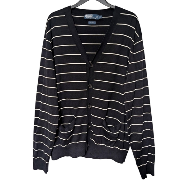 Polo By Ralph Lauren Black White Striped V Neck Button Down Preppy Sweater XL - Picture 1 of 7